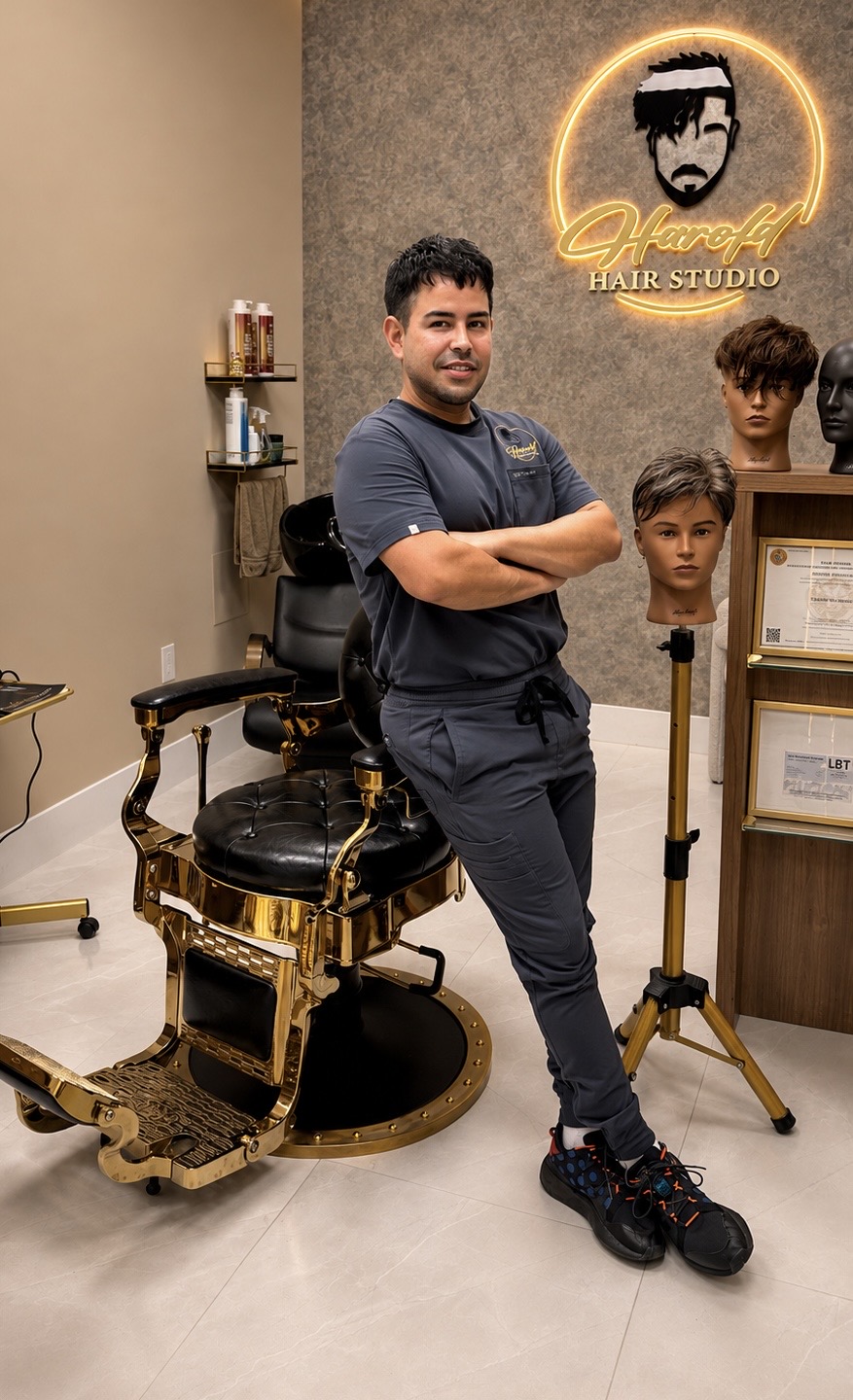 A sophisticated before-and-after style tabletop display illustrating hair replacement transformation without showing people. On the left of a polished, dark stone counter sits a smooth, abstract male head form with very short, sparse hair texture subtly embossed into the surface, suggesting thinning. On the right, an identical head form is topped with a full, natural-looking custom hair system in a rich brown shade, styled neatly with a realistic hairline and crown. Between them, a discreet divider of frosted acrylic symbolizes privacy and discretion. Soft, directional studio lighting from the right creates gentle contrast, highlighting the dramatic change in volume and contour while maintaining a calm, reassuring mood. Photographic realism, shot from a slightly elevated angle with shallow depth of field, ideal for communicating natural-looking results.