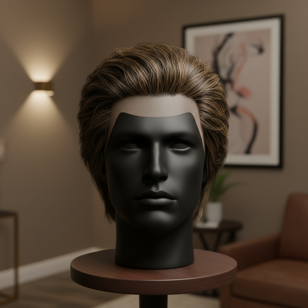 A close-up, photographic image of a premium non-surgical hair system displayed on a matte black mannequin head, emphasizing the ultra-natural hairline and seamless integration with a finely textured base. The hair appears thick yet realistic, with subtle variation in strand color mimicking natural growth for men in Miami’s sunny climate. The mannequin is positioned on a dark wood pedestal in a quiet, private consultation room with muted taupe walls. Soft side lighting from a concealed wall sconce creates delicate shadows along the hairline and reveals the craftsmanship of the lace base. The background is intentionally blurred, with only hints of sophisticated decor, creating an intimate, calm, and professional atmosphere that highlights quality and attention to detail.