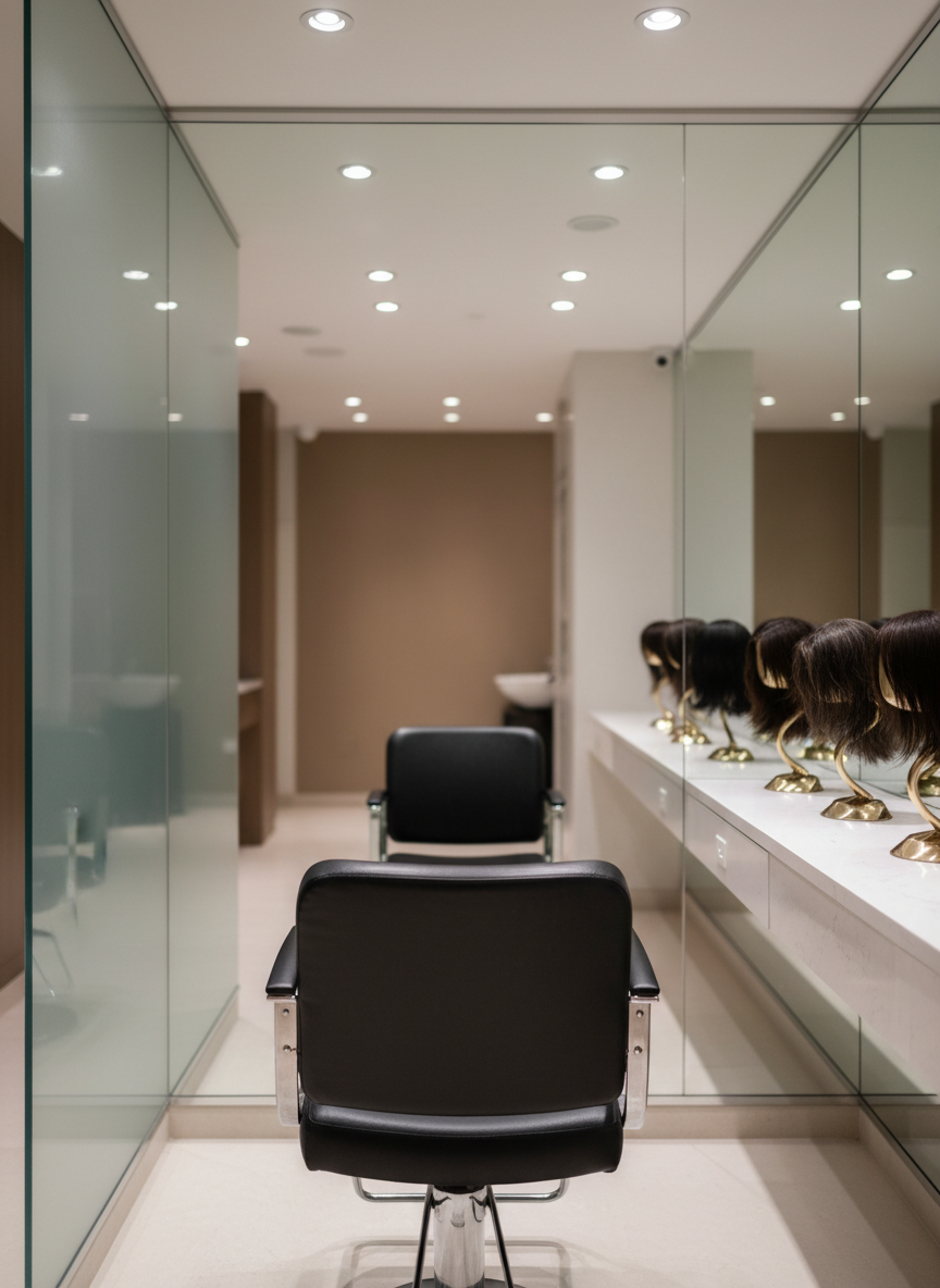 A luxurious hair replacement consultation space in a high-end Miami studio, shown without people. A single sleek black styling chair with a rich leather texture faces a large frameless mirror, while discreet frosted glass partitions provide a sense of privacy on both sides. On a nearby quartz counter, premium hair system samples in natural dark and salt-and-pepper tones are displayed on elegant, sculpted stands, showing realistic density and texture. Soft, diffused studio lighting from recessed ceiling fixtures creates gentle highlights on the hair fibers and subtle reflections on the mirror, with the background falling into a tasteful blur. Photographic realism, shot at eye level with a shallow depth of field, conveying sophistication, discretion, and personalized, professional service.