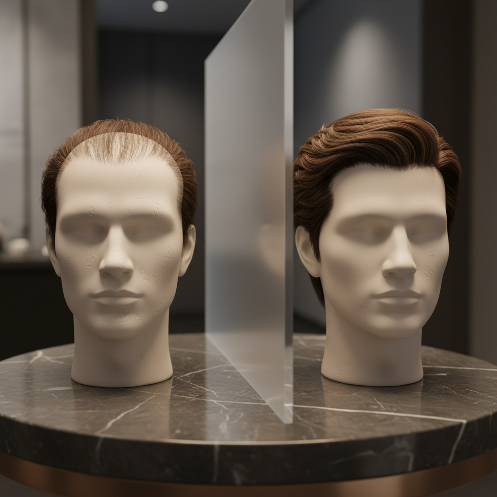 A sophisticated before-and-after style tabletop display illustrating hair replacement transformation without showing people. On the left of a polished, dark stone counter sits a smooth, abstract male head form with very short, sparse hair texture subtly embossed into the surface, suggesting thinning. On the right, an identical head form is topped with a full, natural-looking custom hair system in a rich brown shade, styled neatly with a realistic hairline and crown. Between them, a discreet divider of frosted acrylic symbolizes privacy and discretion. Soft, directional studio lighting from the right creates gentle contrast, highlighting the dramatic change in volume and contour while maintaining a calm, reassuring mood. Photographic realism, shot from a slightly elevated angle with shallow depth of field, ideal for communicating natural-looking results.