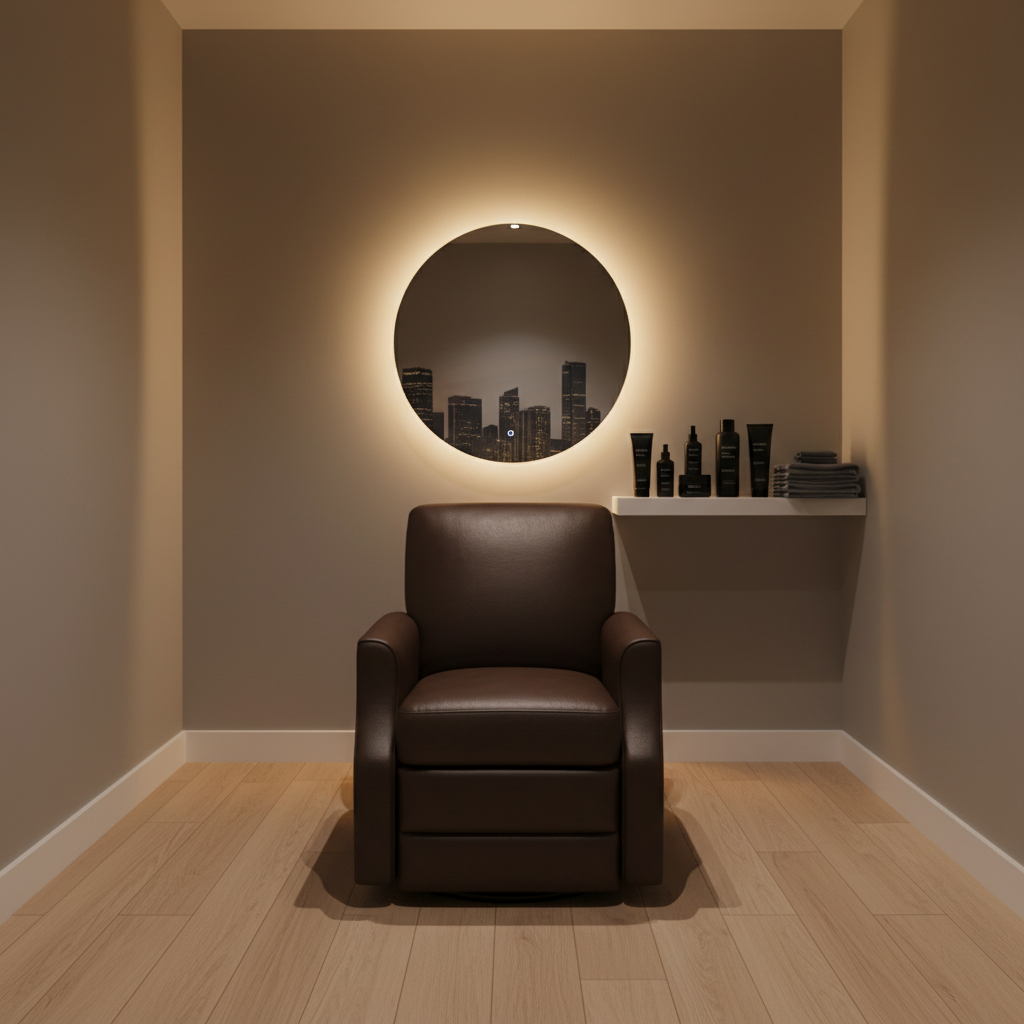 A serene, photographic interior of a private maintenance room designed for ongoing care of non-surgical hair systems, with no people present. A single reclining leather chair faces a compact, wall-mounted mirror, framed by soft LED backlighting that creates a subtle halo glow. On a nearby floating shelf, labeled but text-free containers in sleek black and silver hold specialized shampoos, conditioners, and styling products, while neatly folded dark towels add texture. The walls are a calming warm gray, with a hint of Miami’s skyline reflected softly in the mirror’s edge. Warm, diffused overhead lighting casts gentle, welcoming shadows, creating an atmosphere of discretion and long-term care. Photographic realism, eye-level composition, clean and modern aesthetic emphasizing comfort and professional maintenance.
